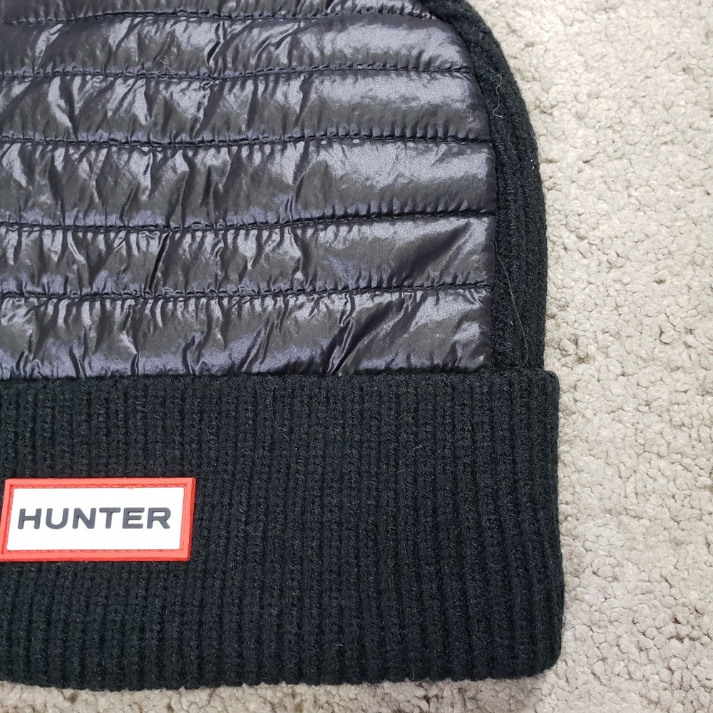 Hunter Beanie Hat Black Baffle Quilted Faux Fur Pom Ski Cap Tuque Bobble Boggan - Picture 4 of 8